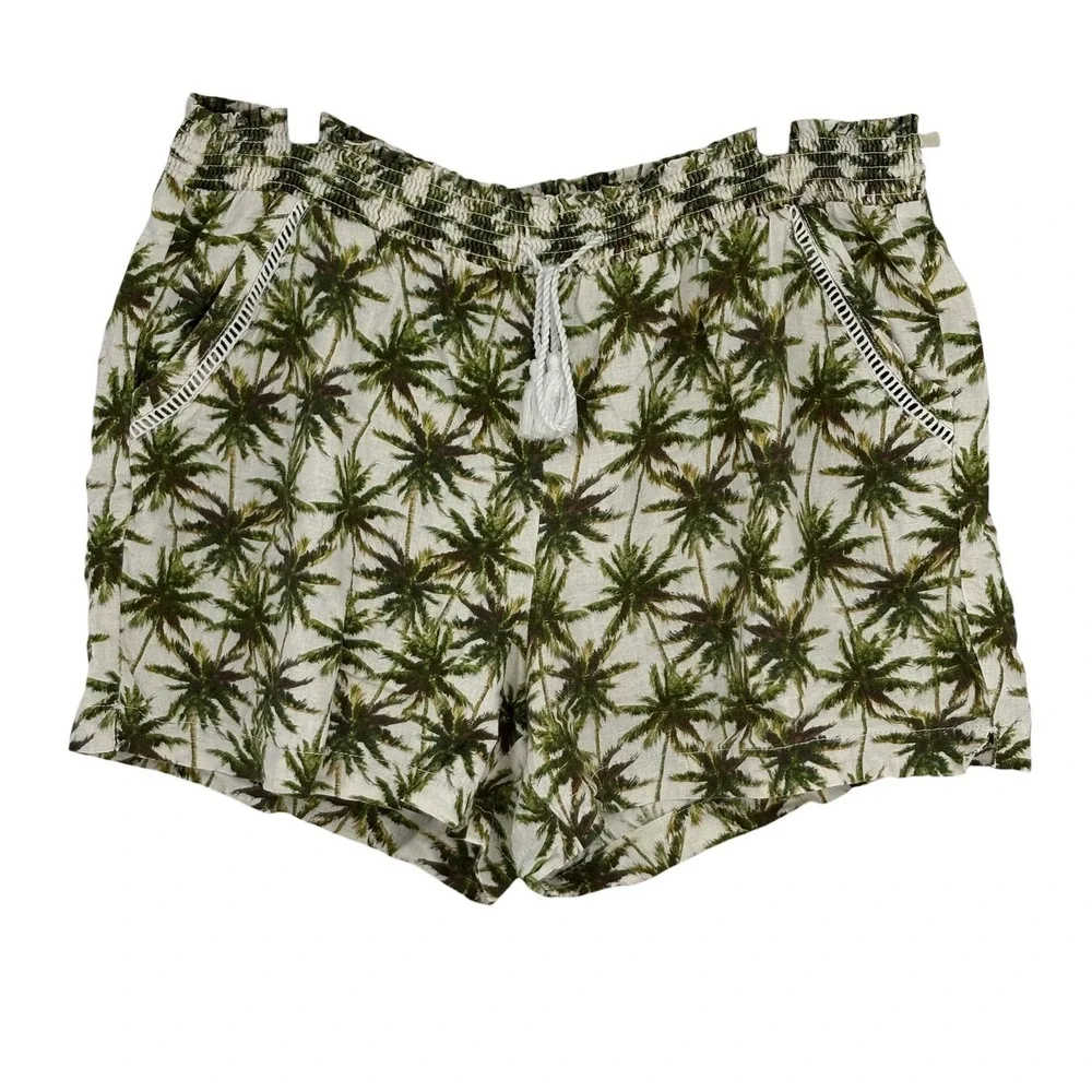 Briggs Palm Tree Shorts Green White Smocked Tassel Linen Blend XXL